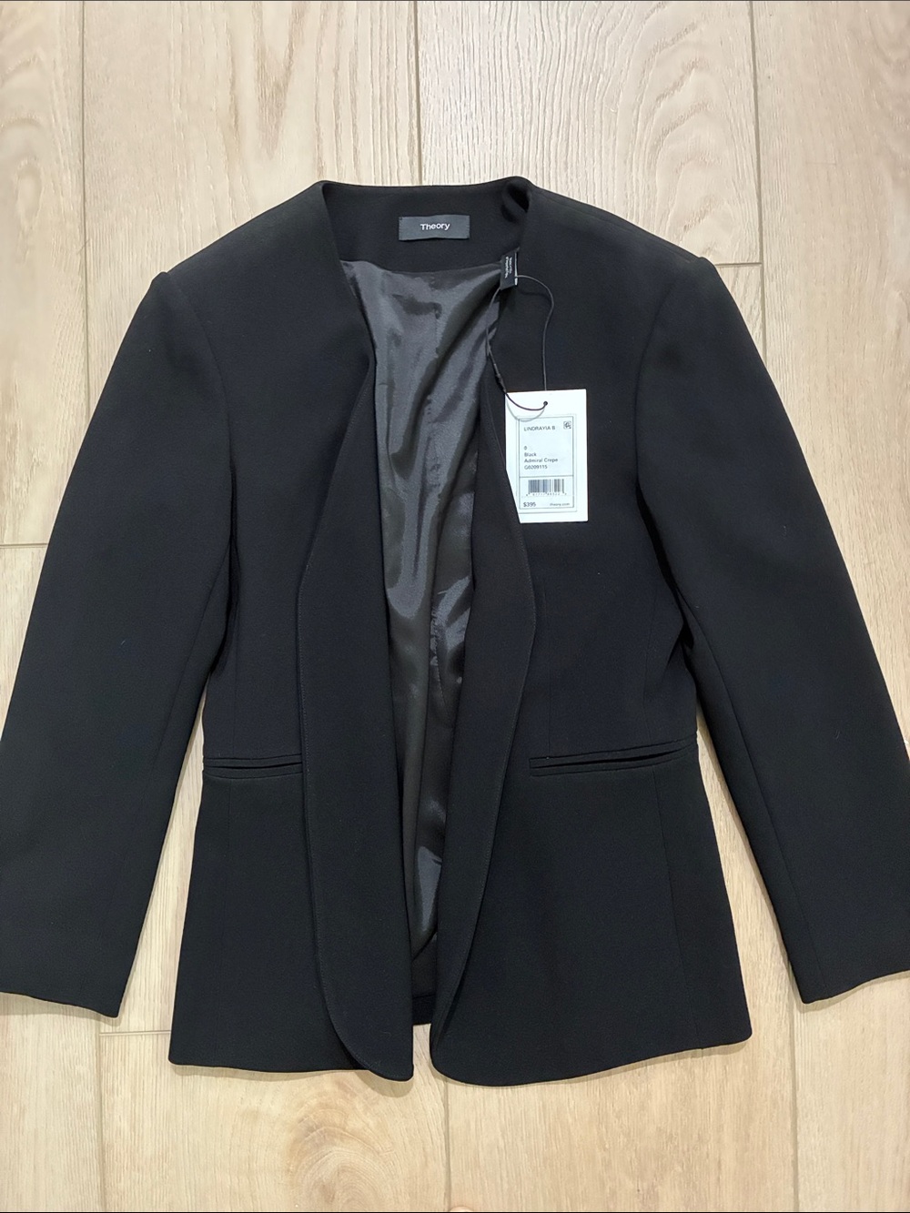 Theory Black Collarless Open-Front Blazer Jacket
